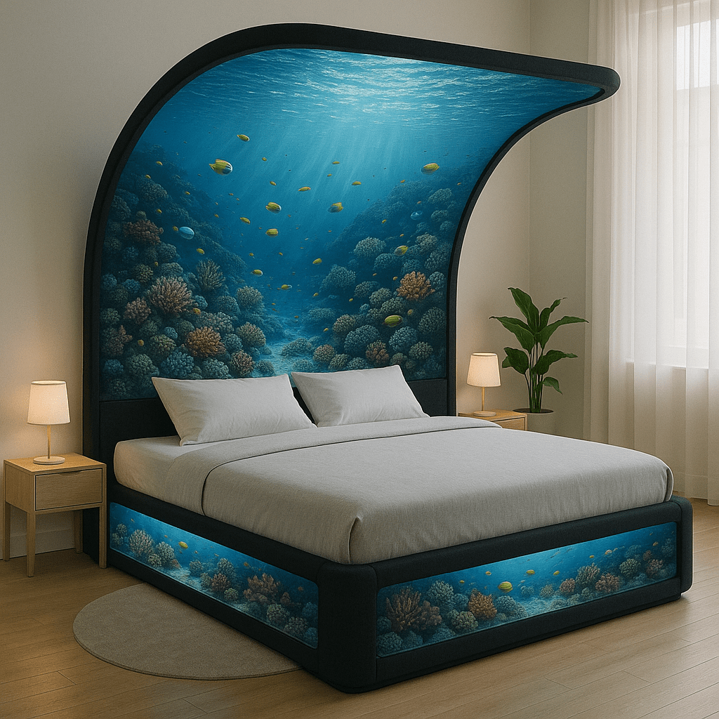 Dramatic black frame underwater bed with detailed ocean imagery