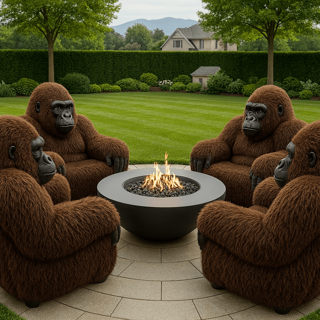 Group of brown gorilla-shaped garden chairs set around a sleek fire pit on a stone patio.