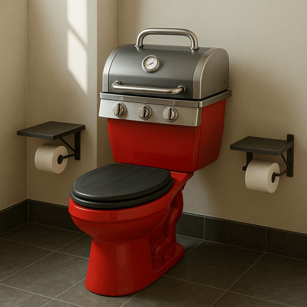 Bold red toilet designed to look like a BBQ grill, with chrome knobs and black seat
