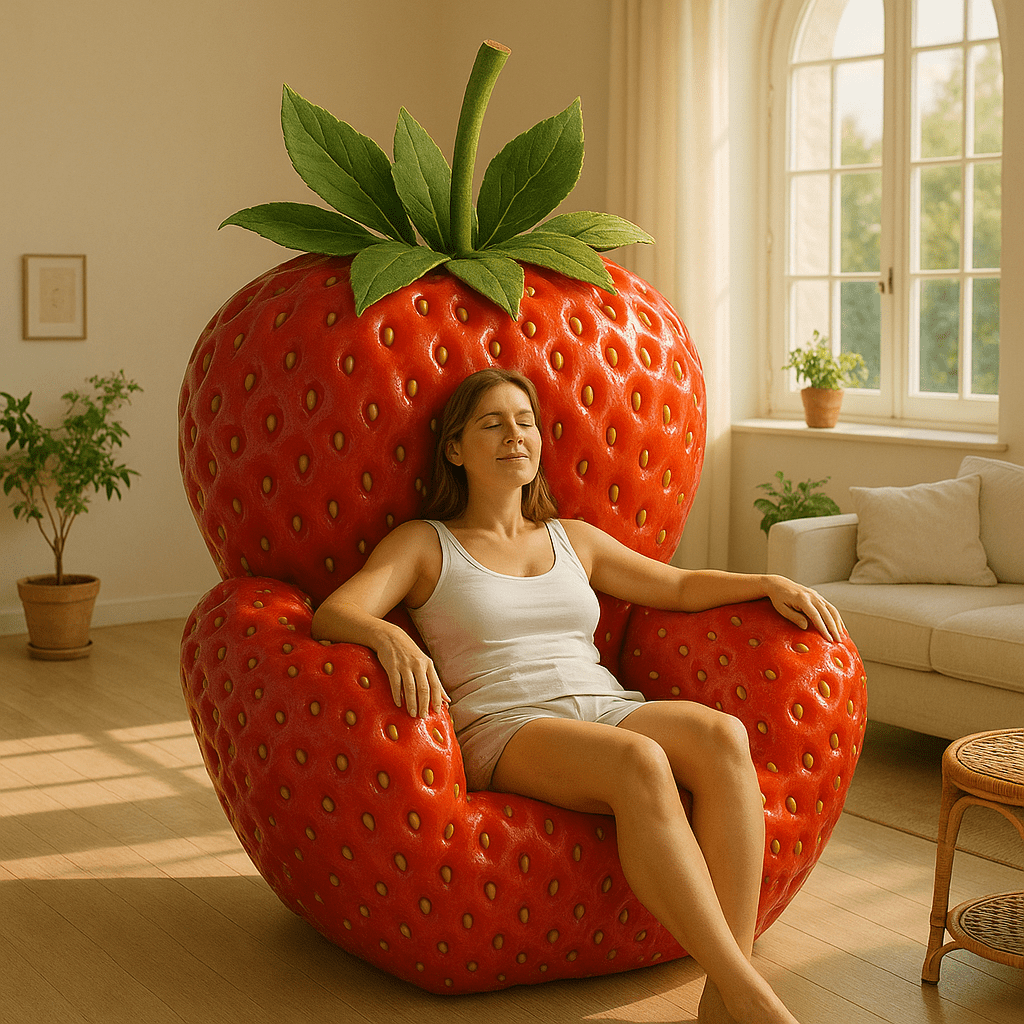 Woman sitting in oversized strawberry-shaped armchair with green leafy top