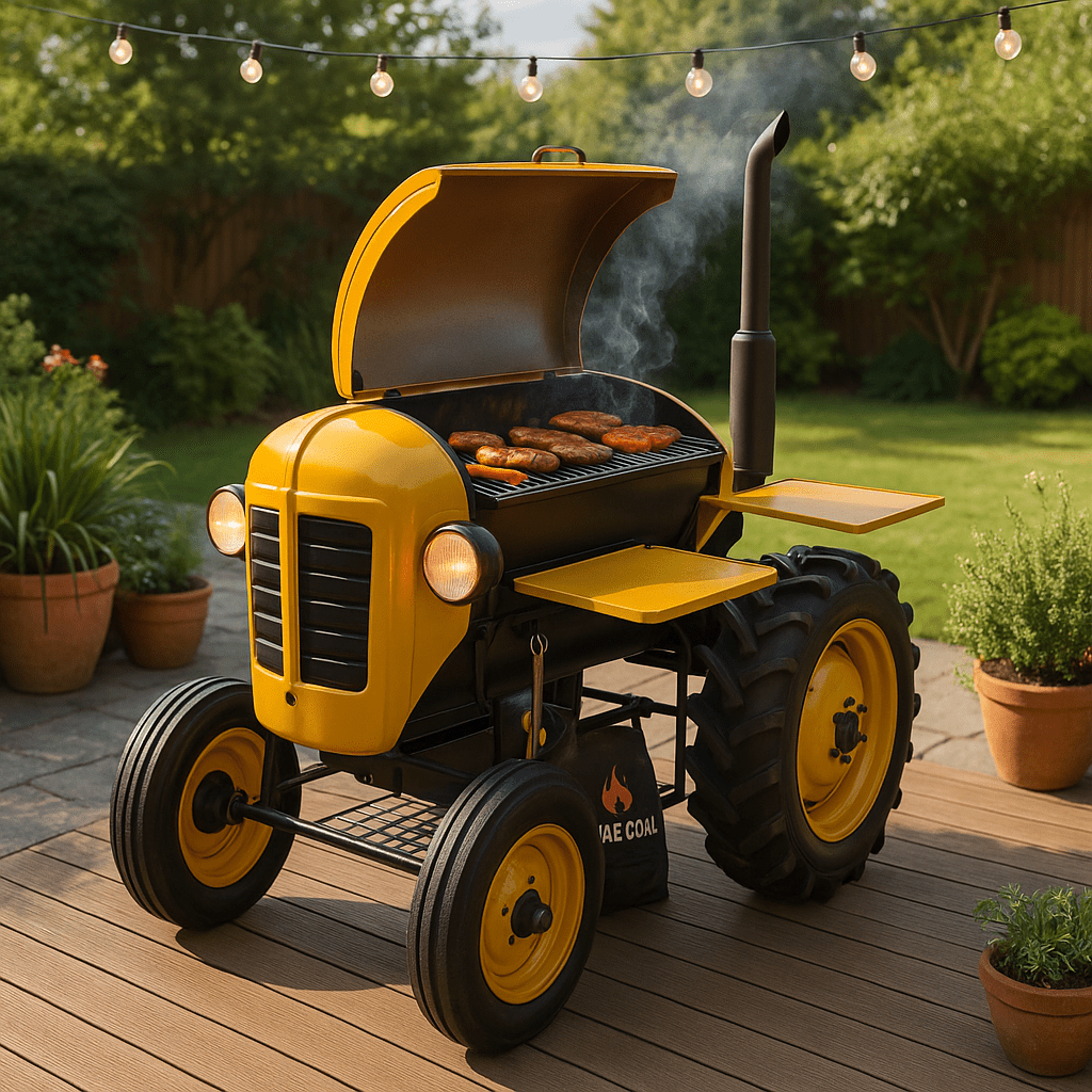 Cheerful yellow tractor-style BBQ in use, with sausages grilling in a garden setting.