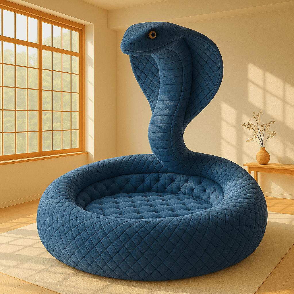 Deep blue cobra-style lounge chair with quilted fabric in a serene interior