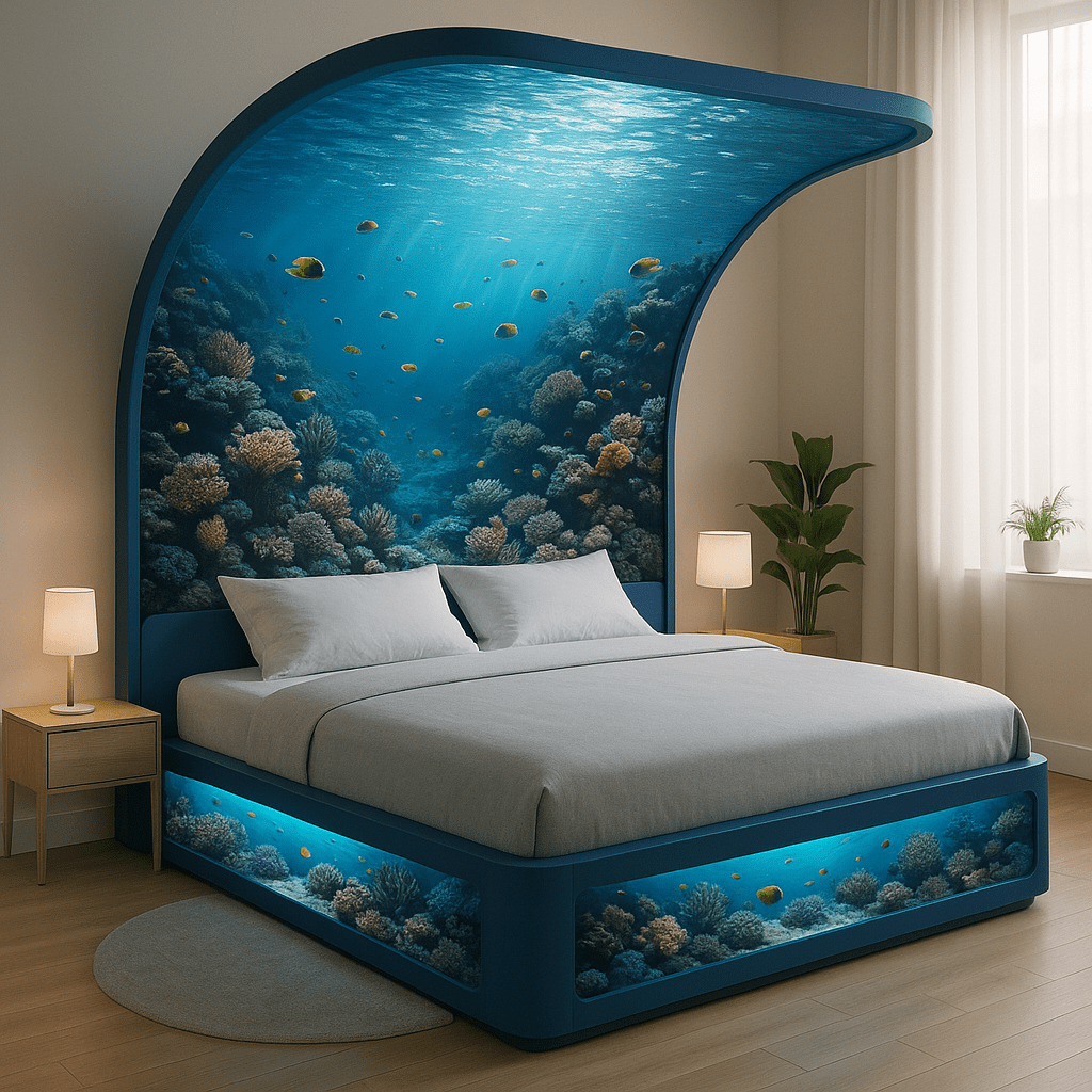 Ocean-themed bed with deep blue frame and coral reef artwork