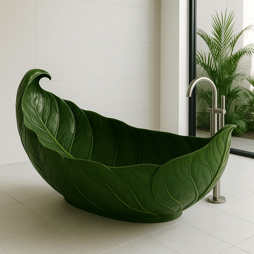 Deep green sculptural leaf bathtub positioned beside a large window with garden views