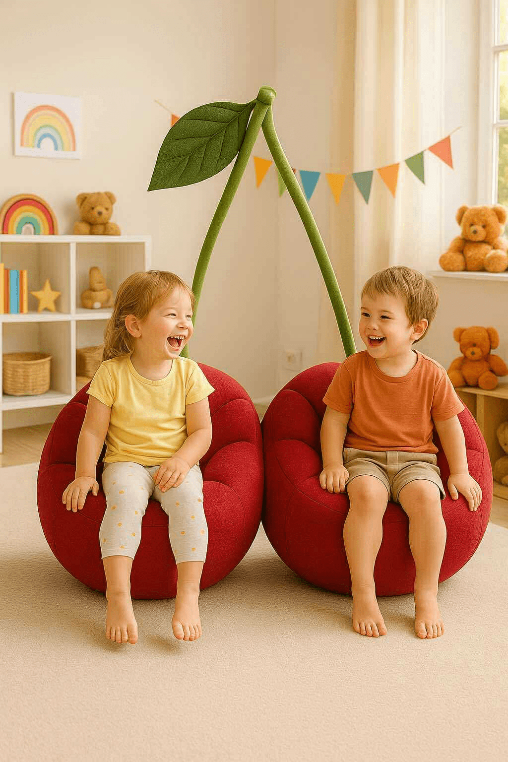 Two toddlers laughing on a cherry-shaped double chair in a nursery