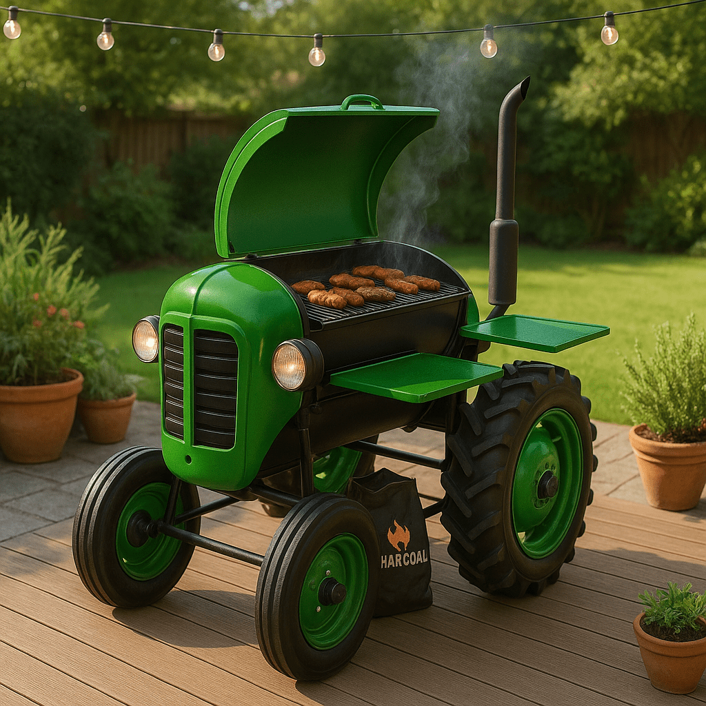 Lush green tractor-shaped BBQ grill on a wooden deck, surrounded by greenery.
