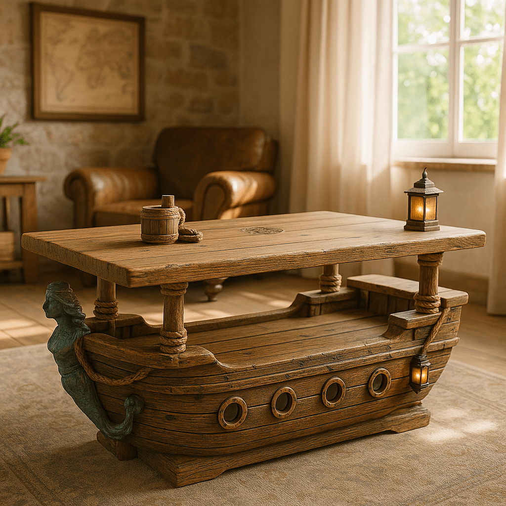 Rustic ship coffee table made from aged wood with lantern decorations in a vintage-styled living room
