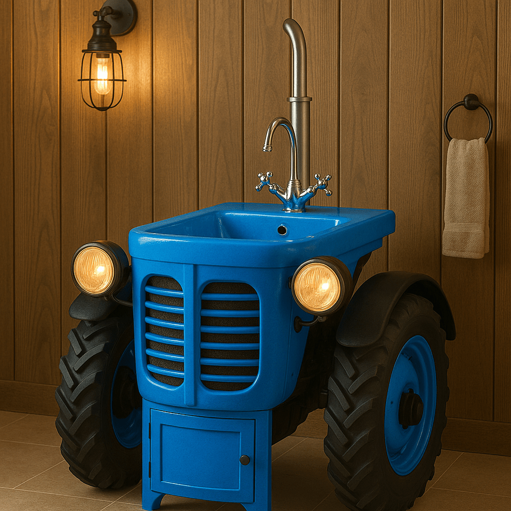 Blue tractor sink with industrial tap fixtures and lighted headlights, styled in a cosy rustic bathroom