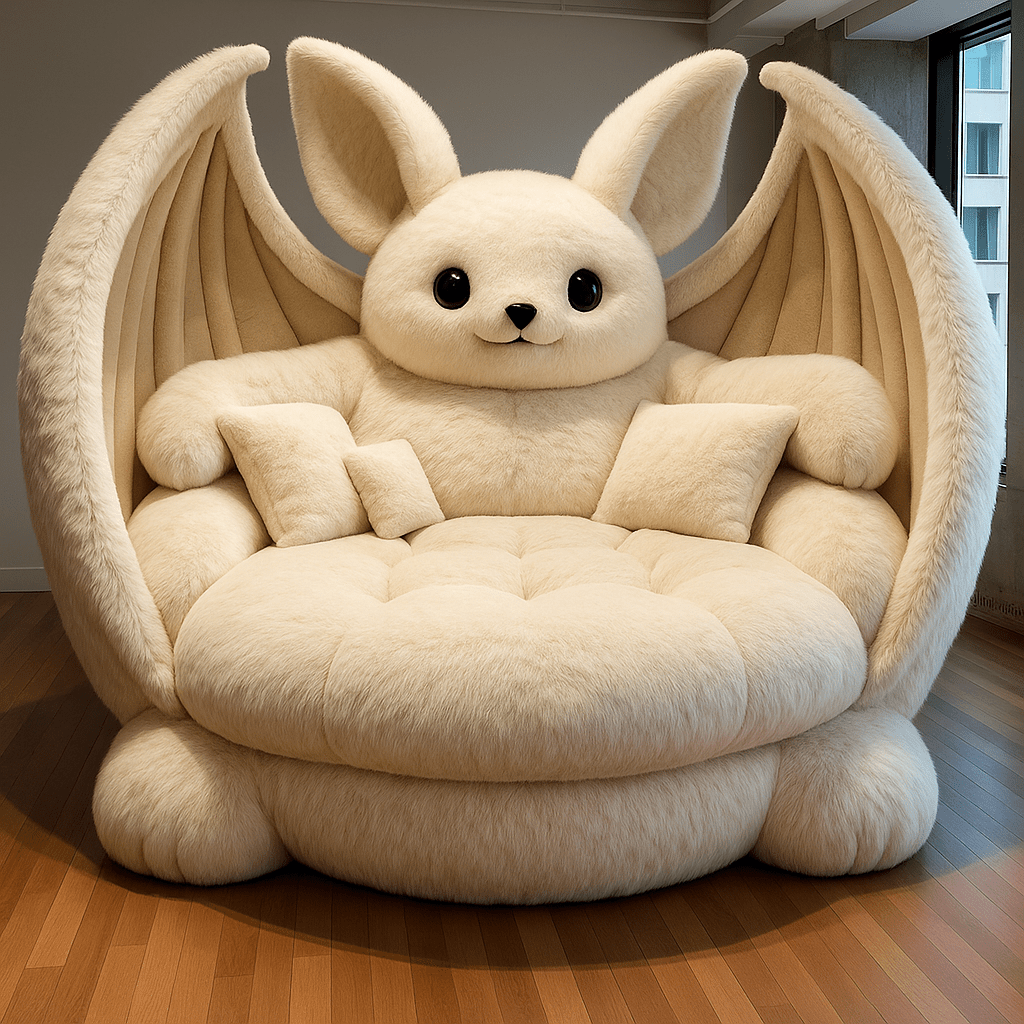 Oversized white bat-shaped armchair with plush cushions and a fantasy-inspired design