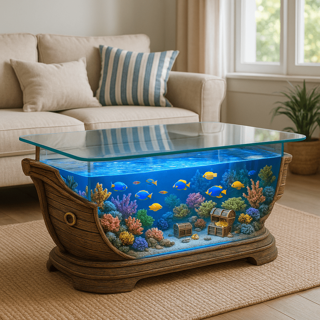 Ship-shaped coffee table featuring a full aquarium with tropical fish and coral in a bright living room