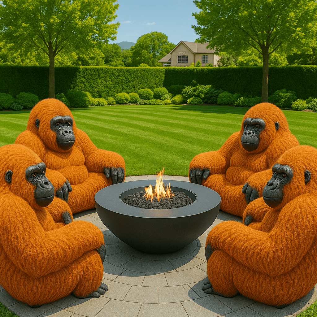 Four bright orange gorilla-shaped armchairs positioned around a modern fire pit on a sunny patio.
