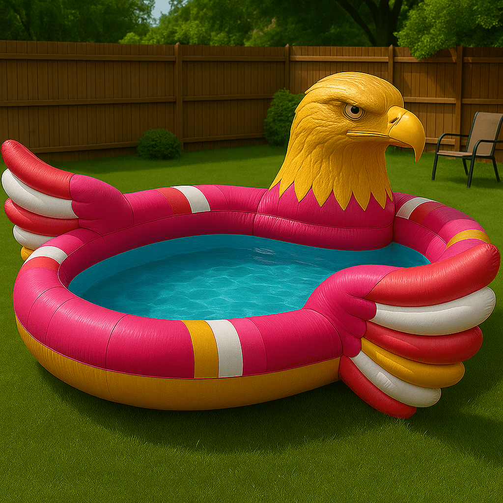 Inflatable paddling pool shaped like a golden eagle with a pink, orange, and white base.