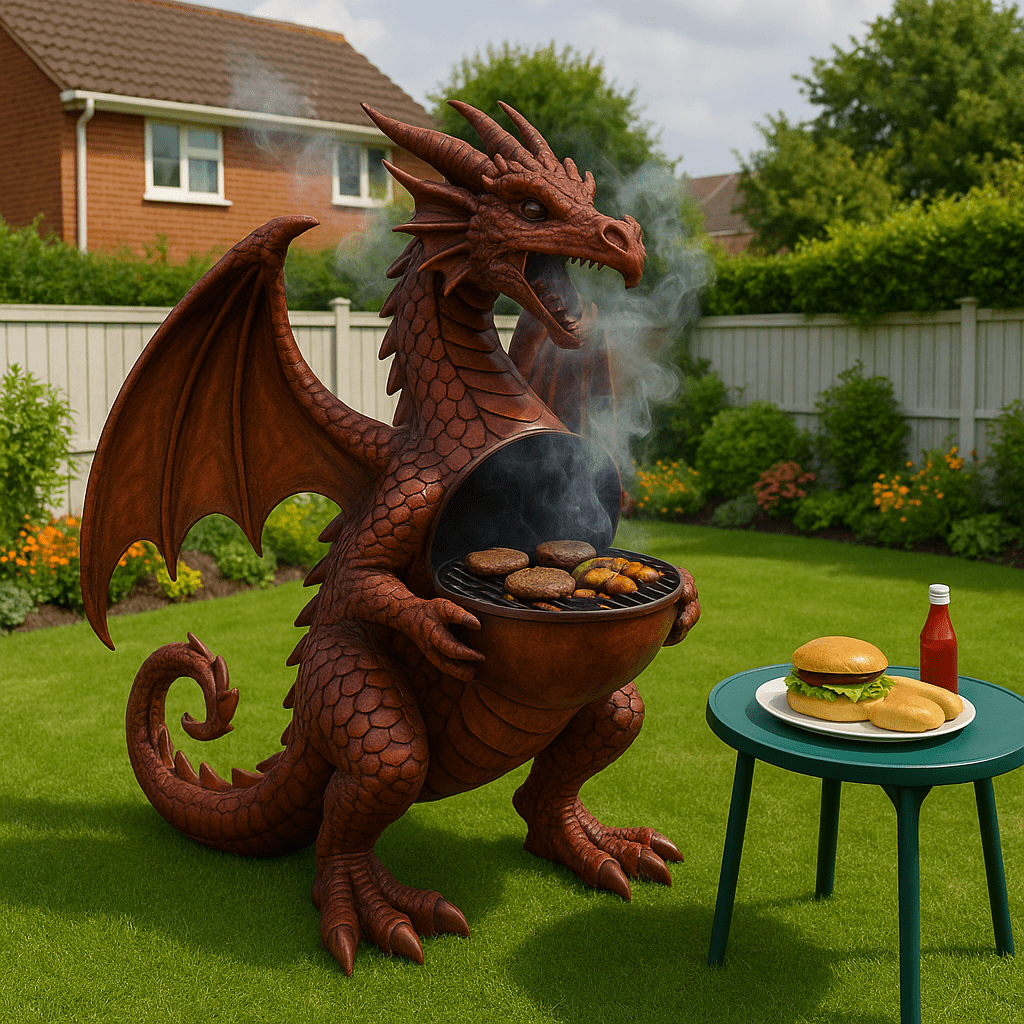 A red dragon-themed BBQ grill with burgers and kebabs smoking on a sunny lawn