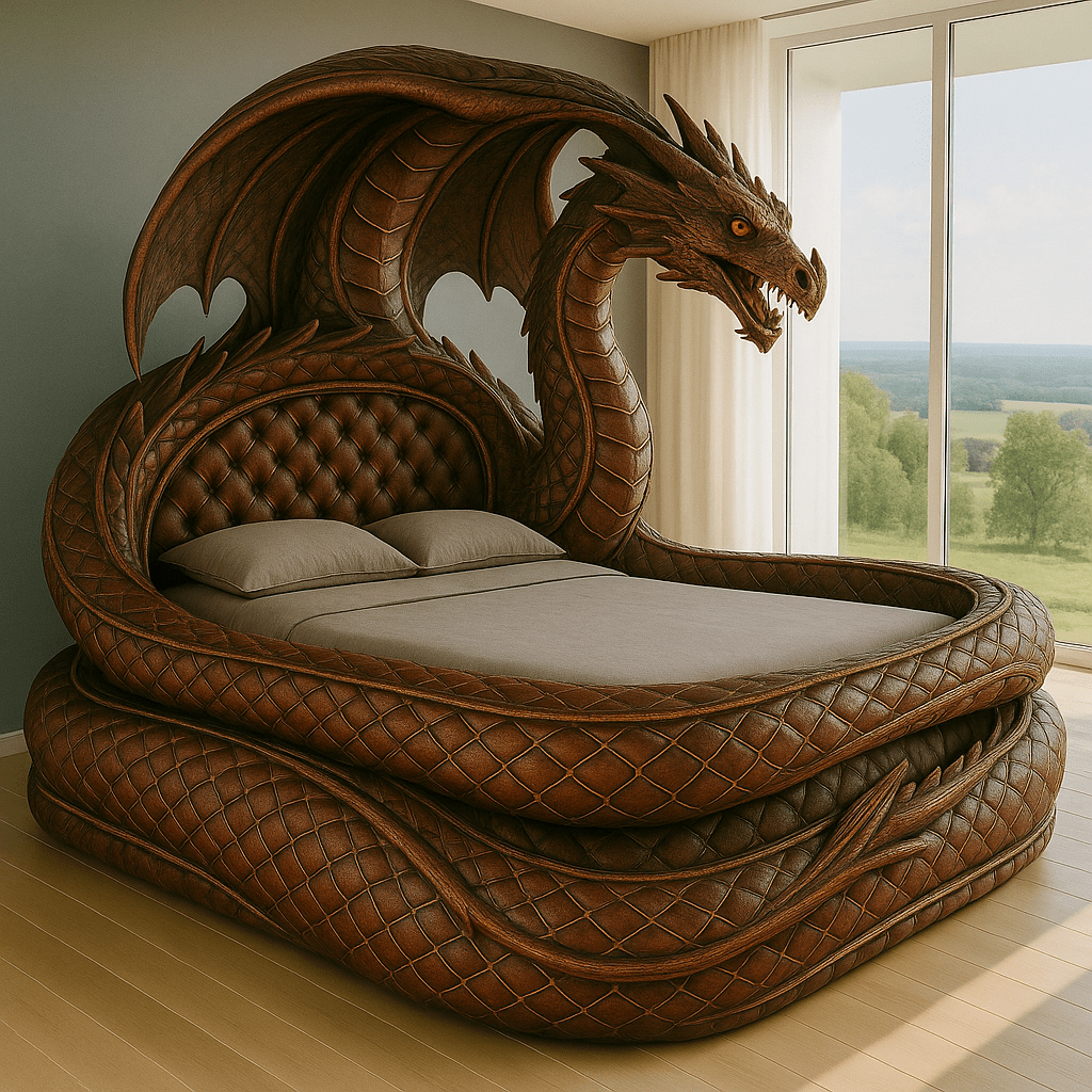 Fantasy-inspired brown dragon-shaped bed with quilted textures and earthy tones in a contemporary bedroom.