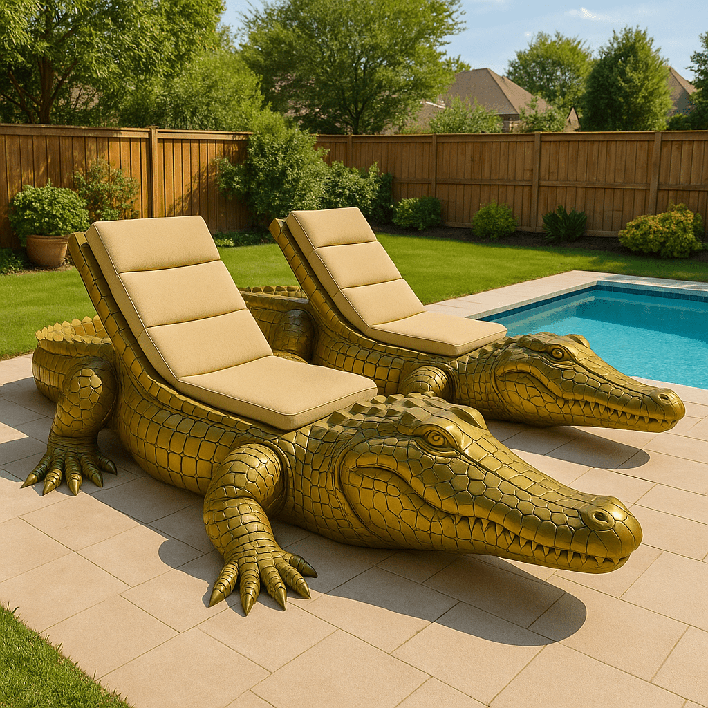 Pair of oversized golden alligator-shaped loungers with beige cushions beside a pool in a luxury outdoor space.
