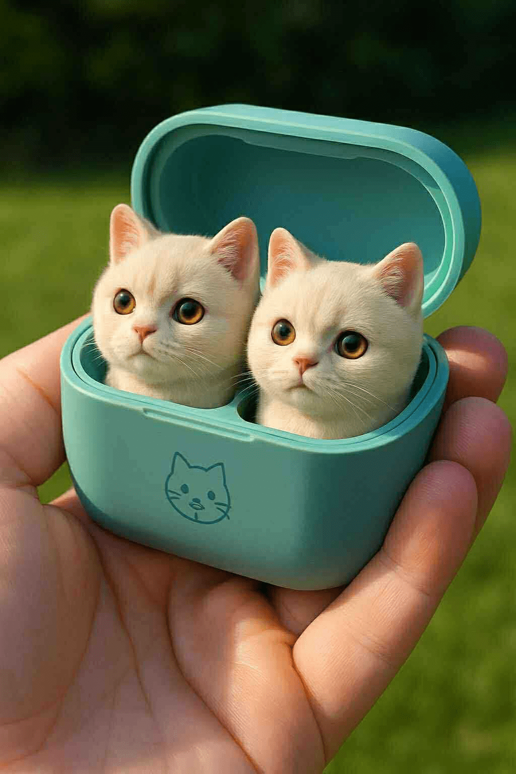 Two cream-coloured kitten earbuds in a pastel blue charging case.