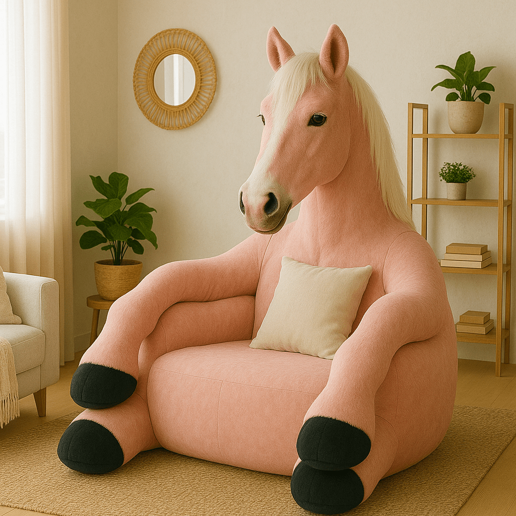 A pastel pink oversized horse-shaped armchair with a beige cushion in a bright, airy living room.