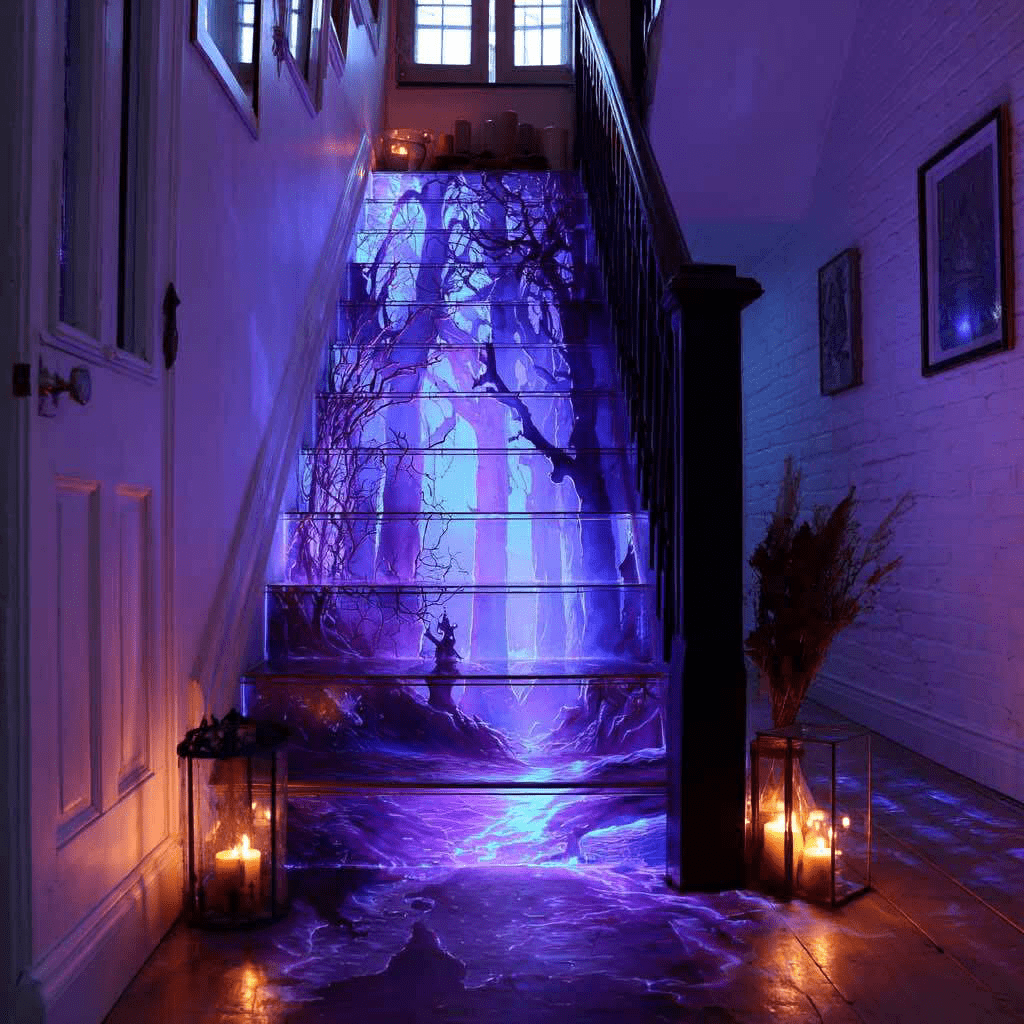 Staircase with eerie glowing trees and misty woodland design for Halloween décor.