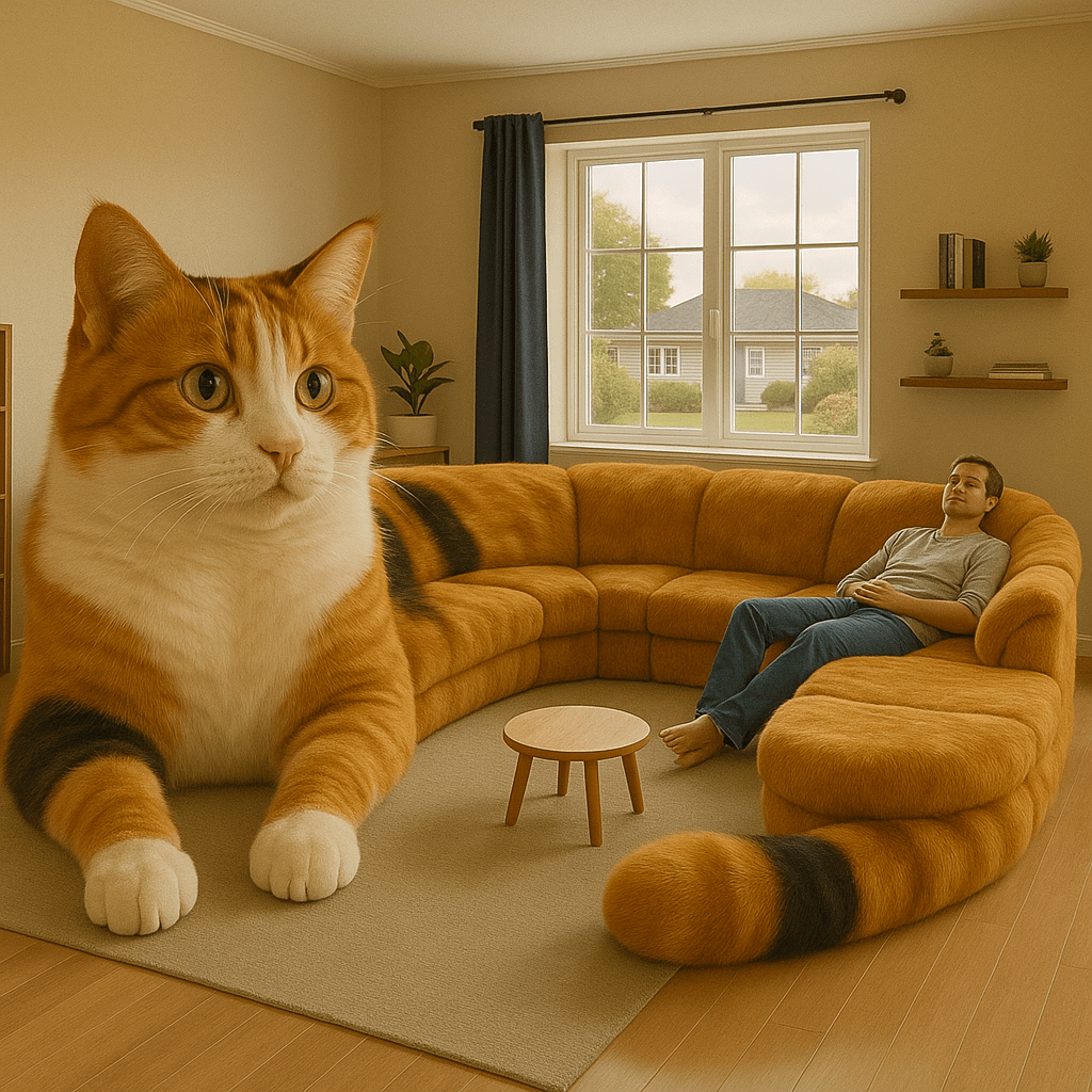 Large calico cat-shaped sofa with white, orange, and black fur patterns in a neutral-toned living room.