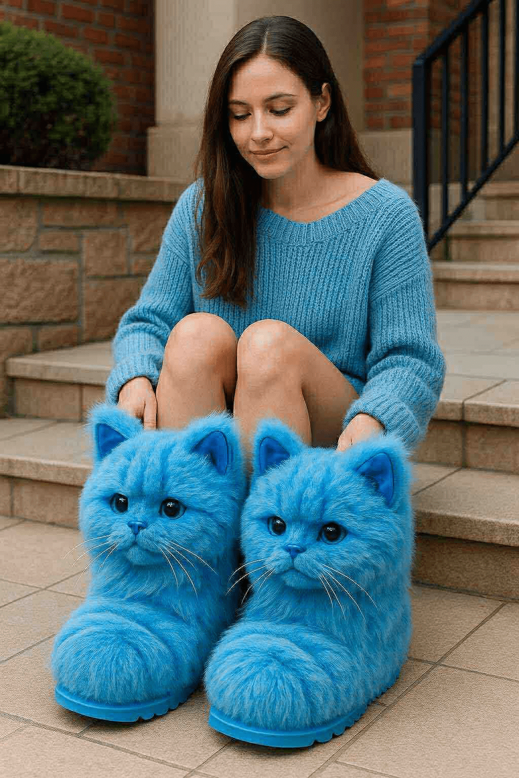 Vibrant blue cat-shaped slippers with detailed cat faces worn outdoors with a blue knit jumper.