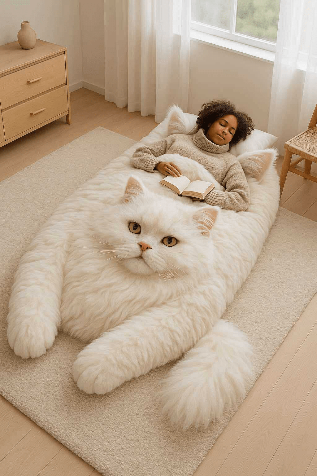 Large white cat-shaped bed with person reading and resting.