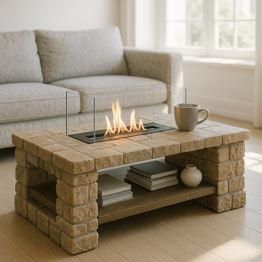 A rectangular stone coffee table featuring a central fire strip encased in glass with books beneath.