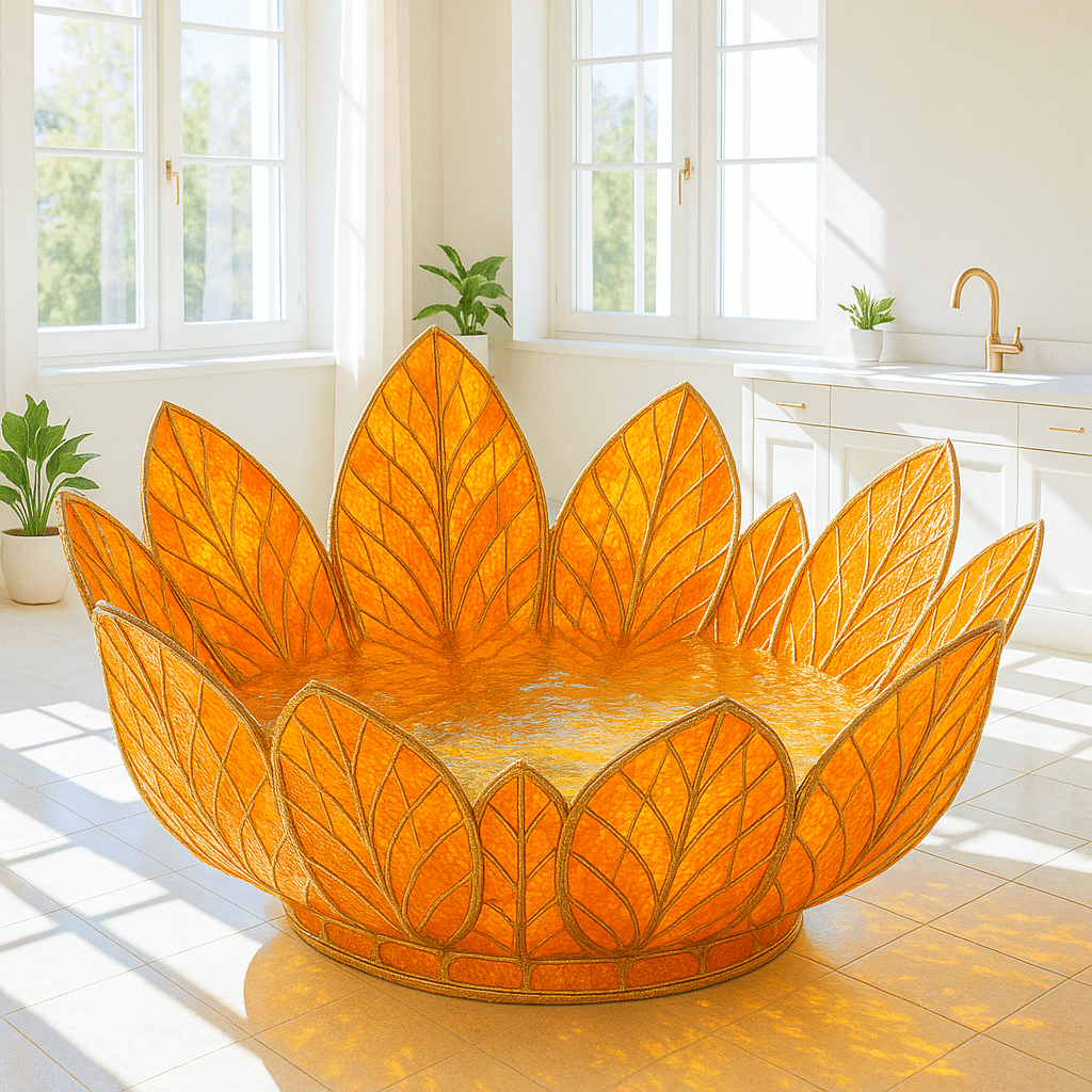 Radiant yellow lotus flower bathtub with gold edging in a spacious bathroom.