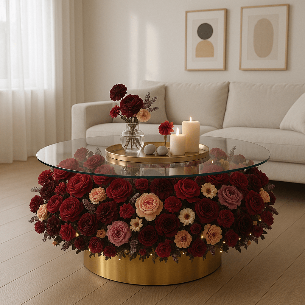 Elegant glass coffee table with gold base and a flowers display in deep red, burgundy, blush, and cream tones.