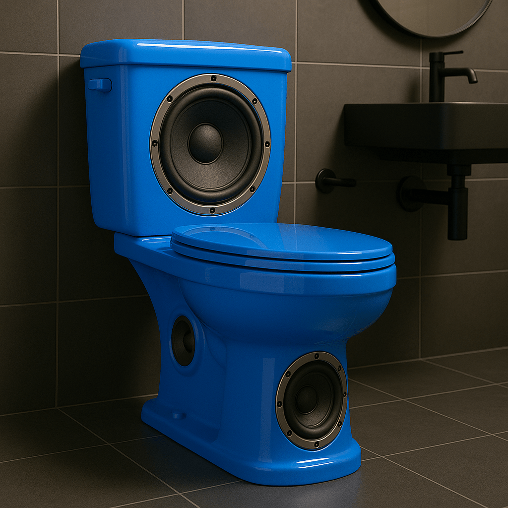 Bright blue novelty toilet styled to look like a high-end speaker system.