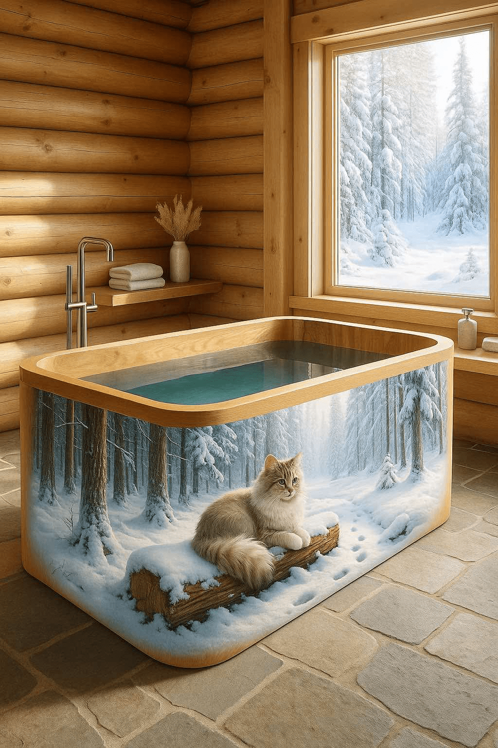 Wooden bathtub featuring a fluffy cat on a log in a snowy forest scene.