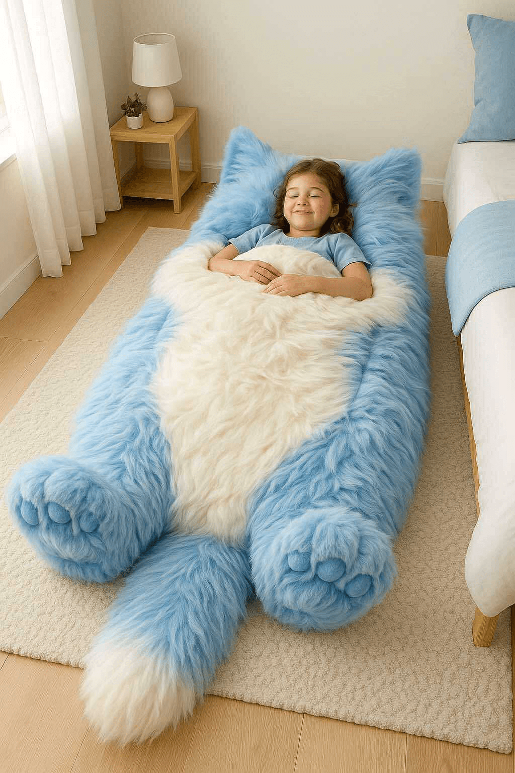 Oversized fluffy blue and white cat-shaped bed with child resting.