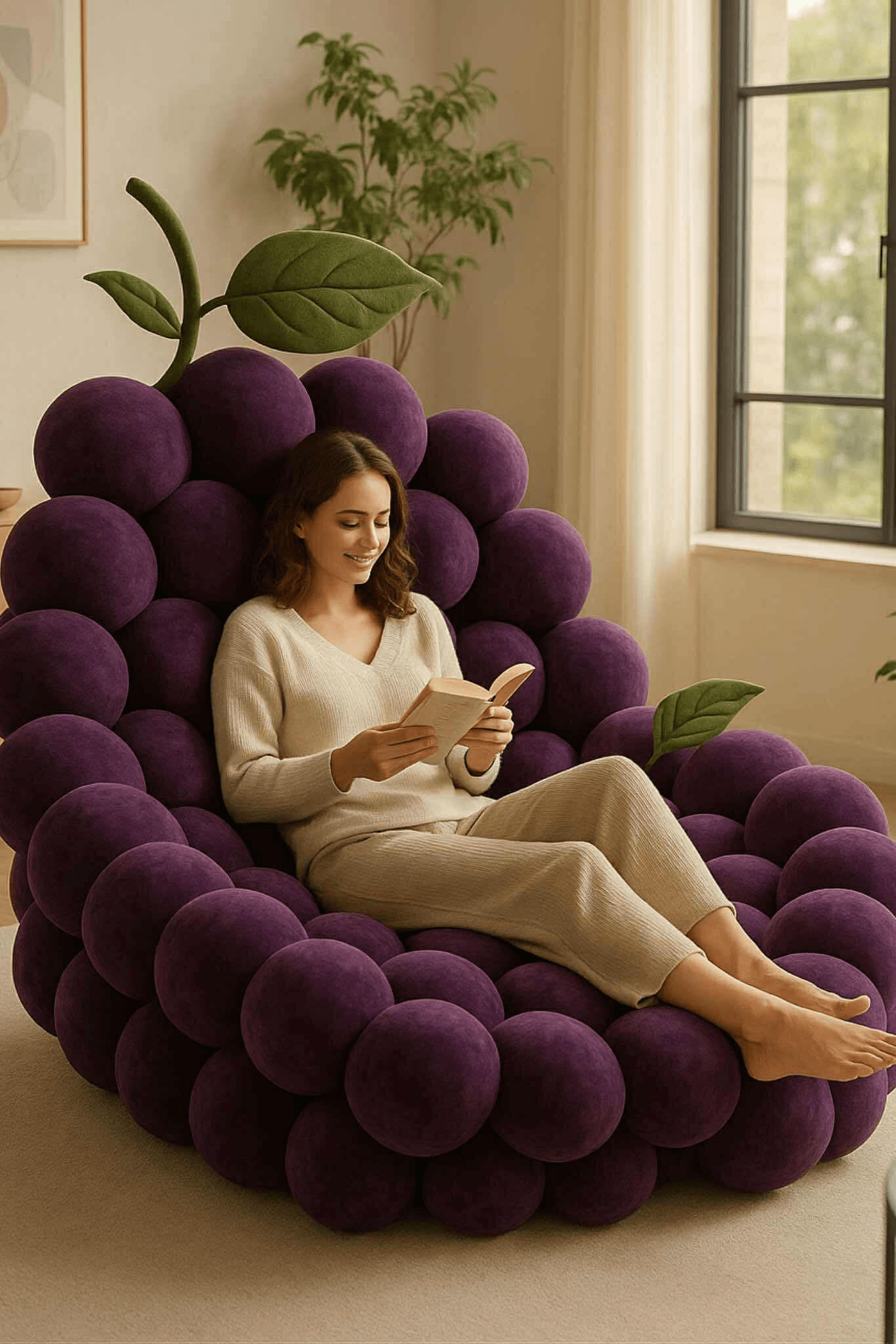 Woman reading a book on a grape-inspired chair made of plush purple spheres