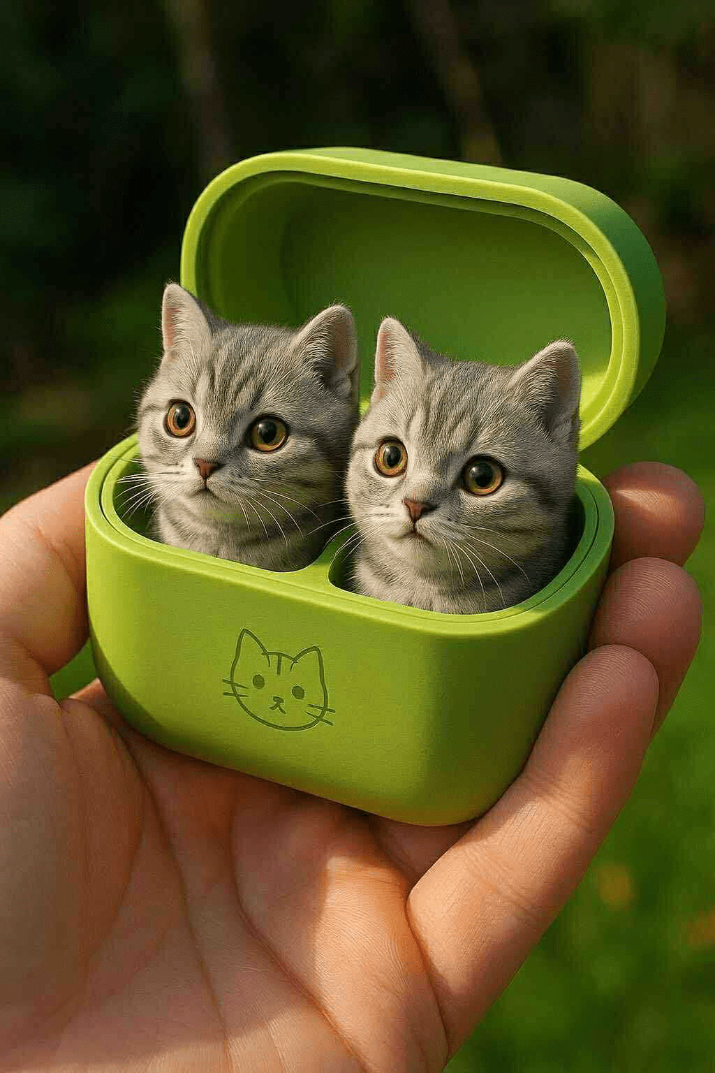 Two grey tabby kitten earbuds in a green charging case, held in hand.