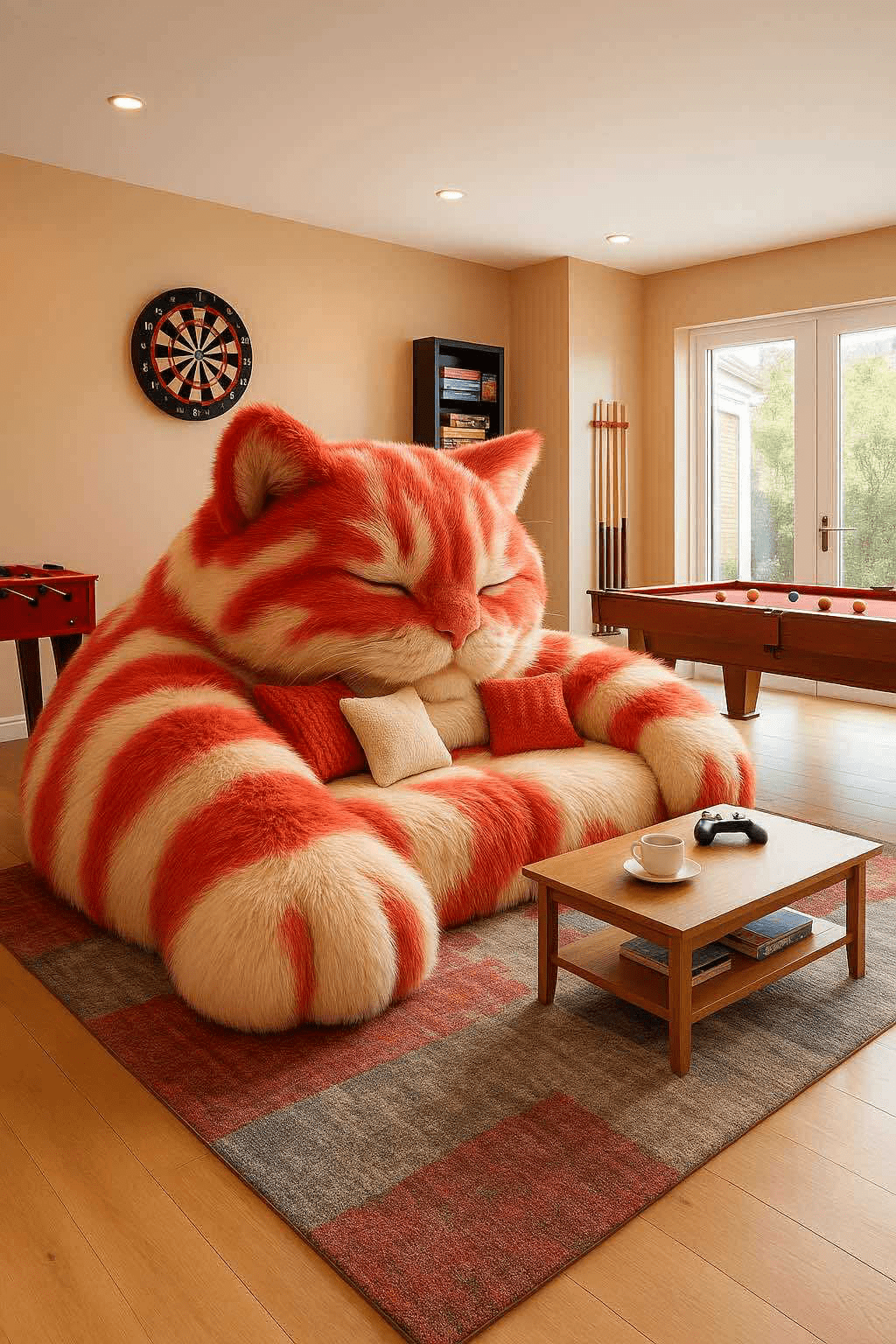 Giant red and cream striped cat-shaped sofa in a cosy games room with dartboard and pool table.
