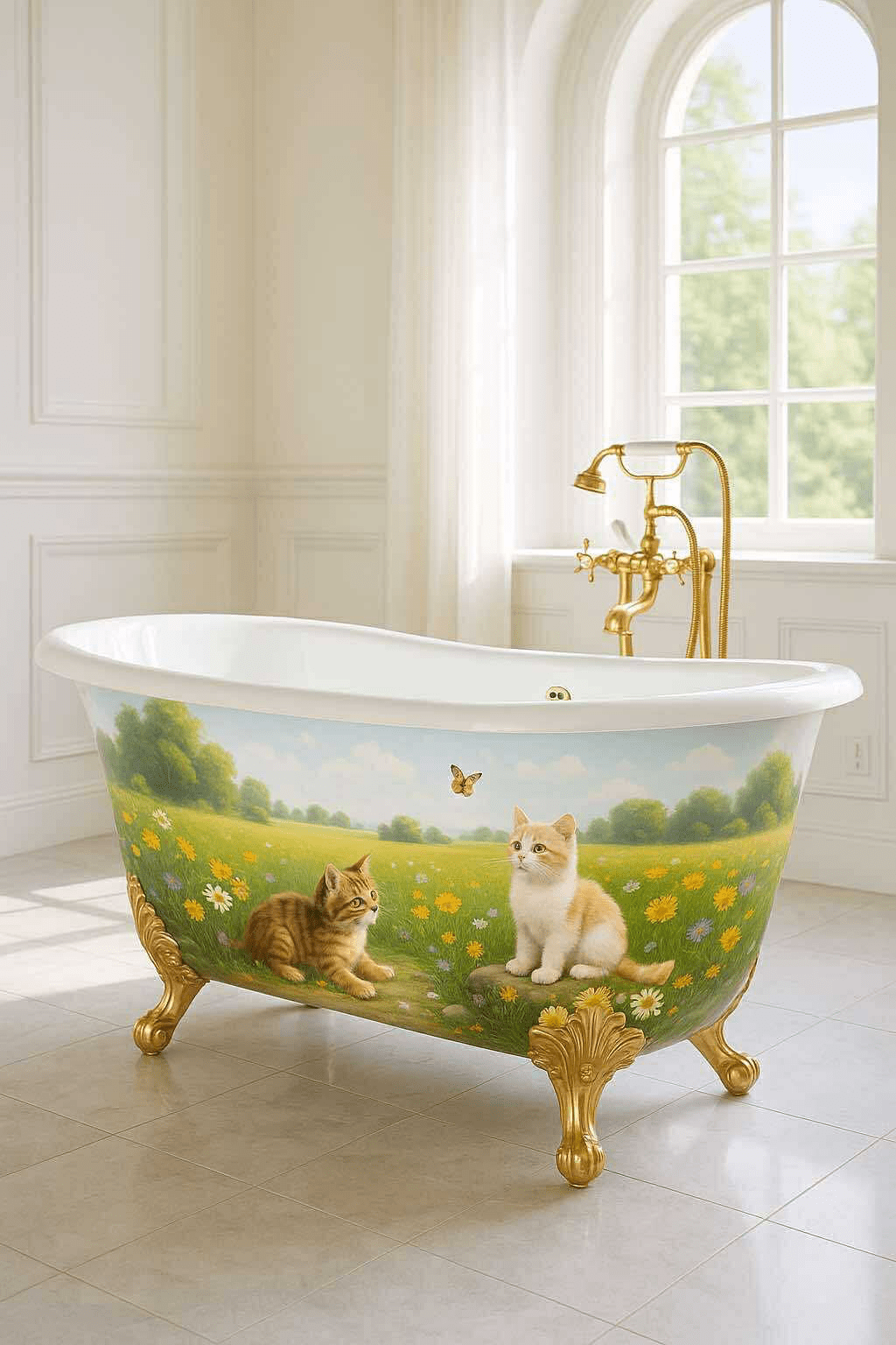 White and gold clawfoot bathtub decorated with kittens in a meadow chasing a butterfly.