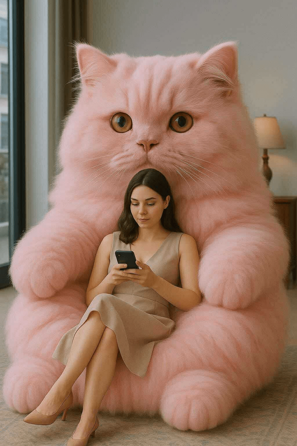 A woman checking her phone while seated in a pastel pink oversized cat armchair.