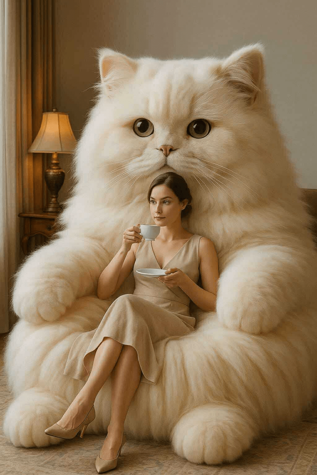 A woman sipping tea while seated in a plush oversized cream cat armchair.