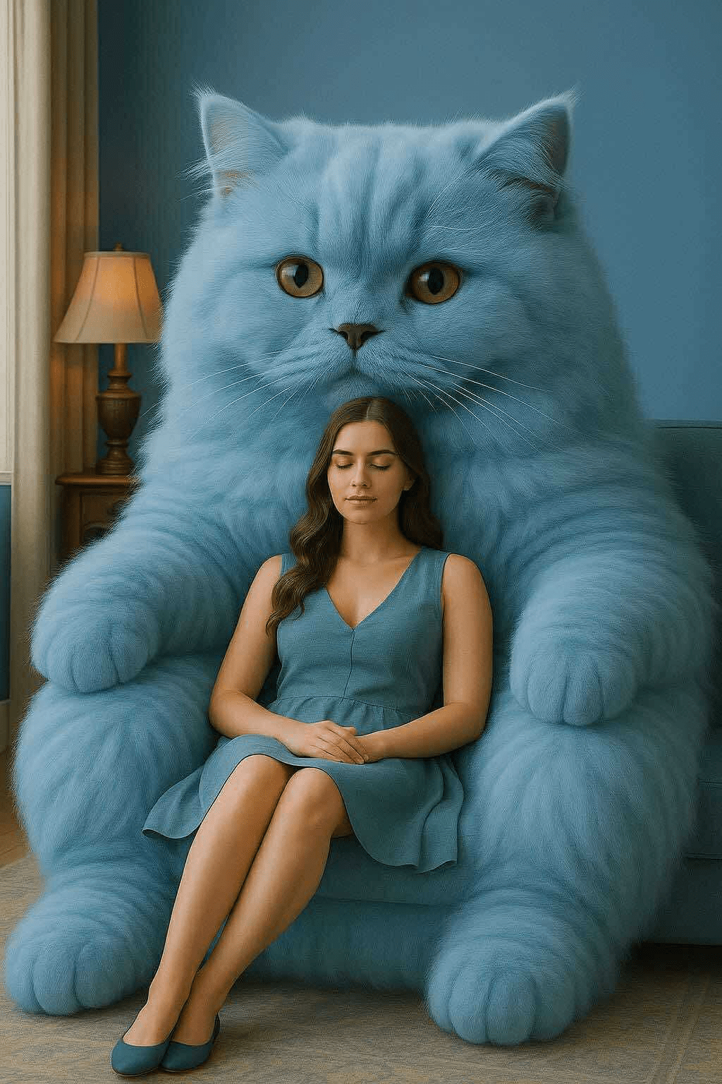 A woman resting peacefully in a bold oversized blue cat armchair.