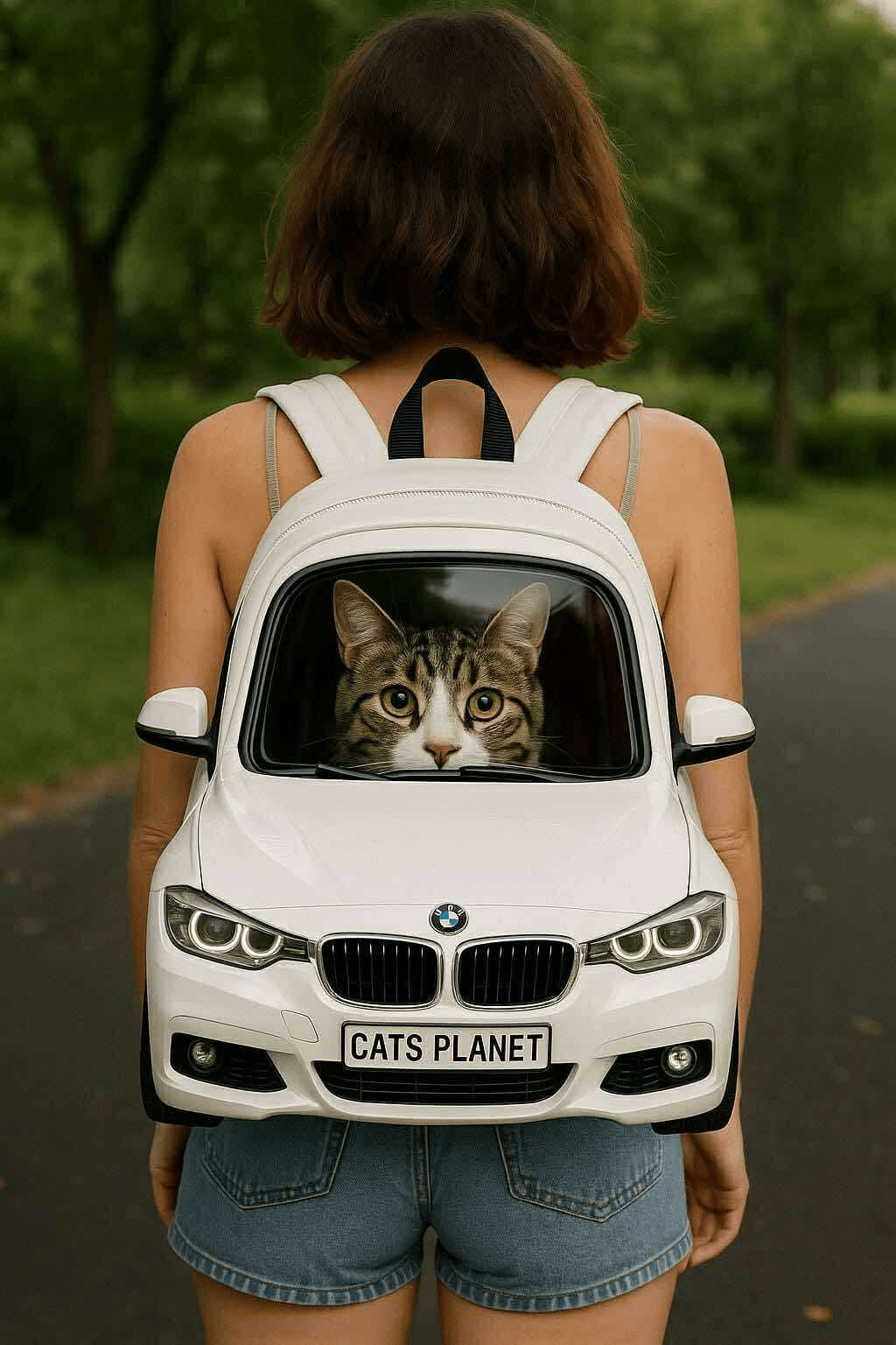 Cat inside a stylish white car-shaped backpack with a clear front window.