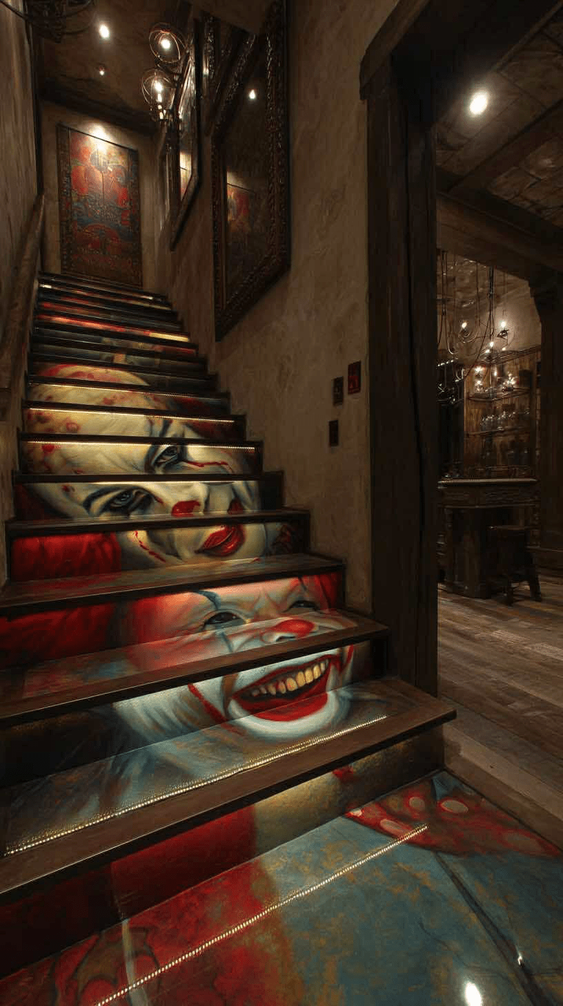 Staircase decorated with sinister clown faces for a spooky Halloween effect.