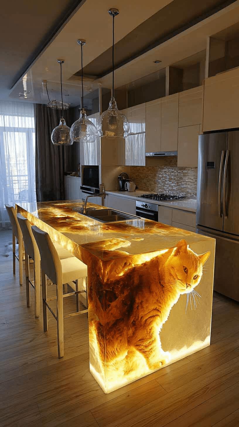 Luxurious golden resin kitchen island with a full-sized illuminated cat figure.
