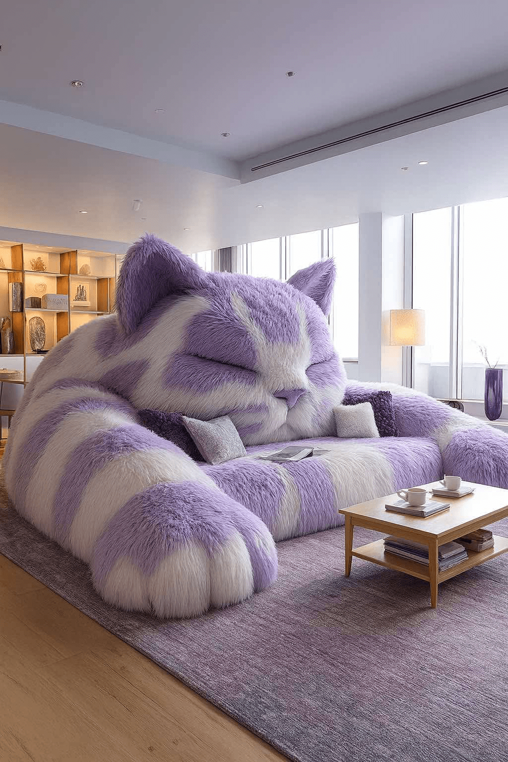  Large lavender and white striped cat-shaped sofa in a bright modern living room with wooden flooring and pastel décor.