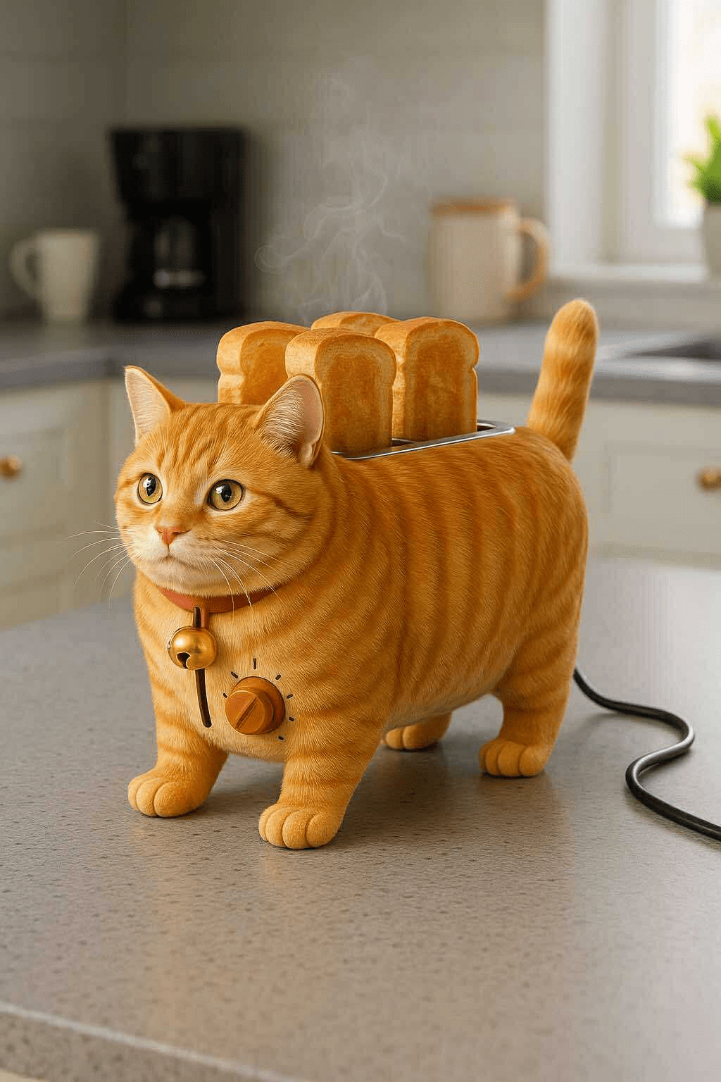 Ginger tabby cat-shaped toaster with fresh toast on a grey countertop.
