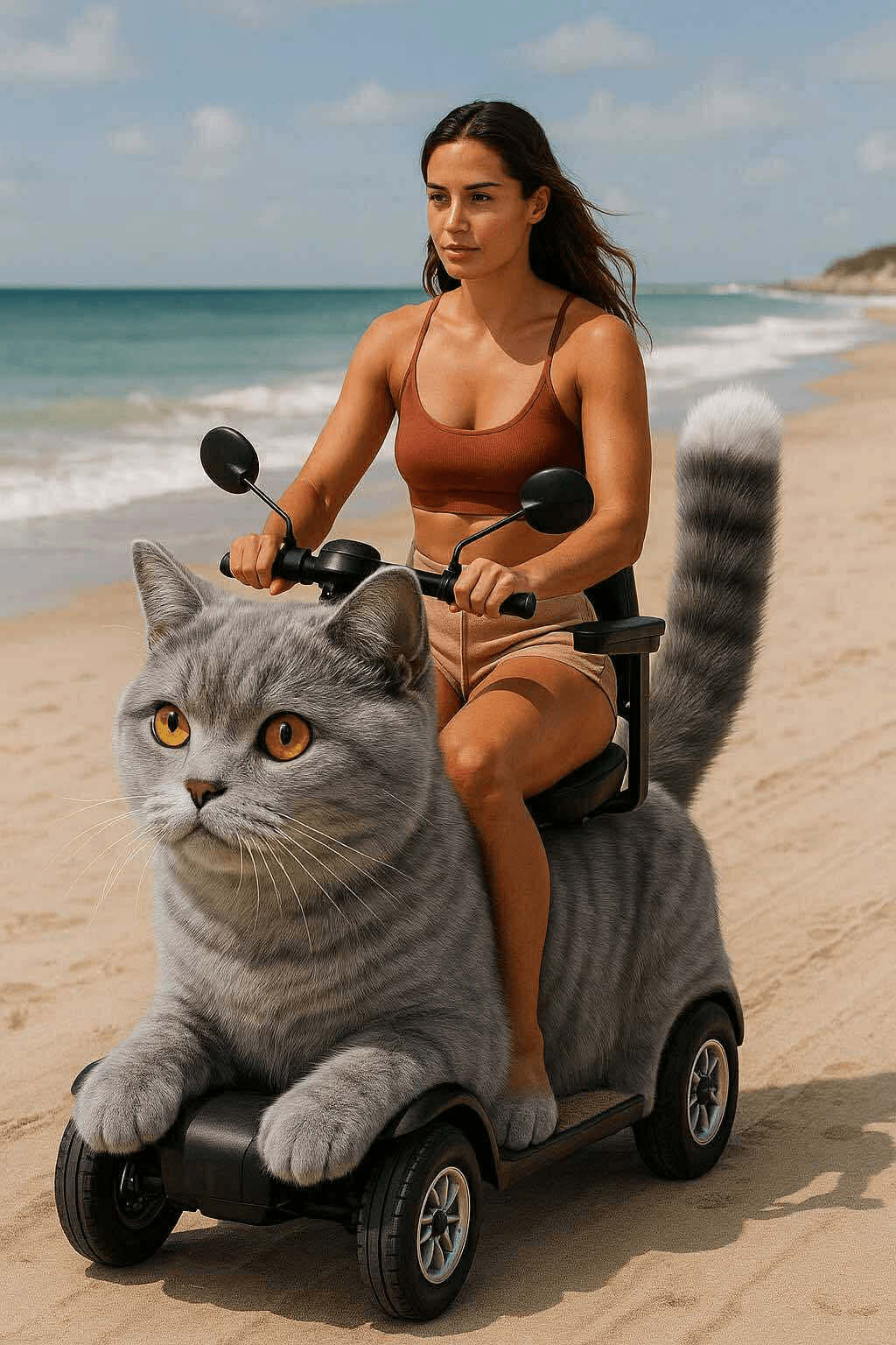 Woman riding a giant grey tabby cat-shaped mobility scooter along a sandy beach.