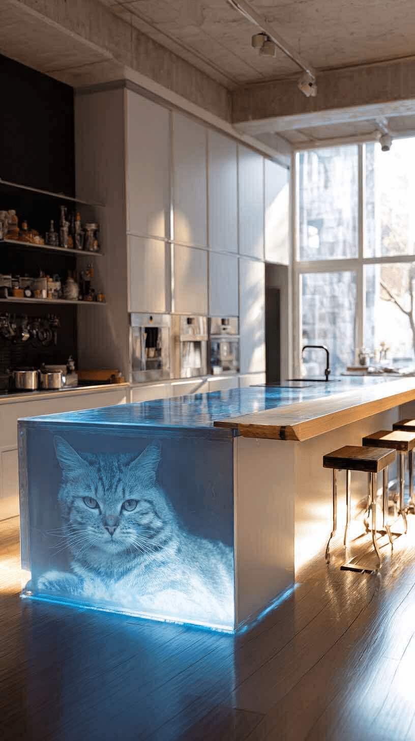 Contemporary resin kitchen island with realistic cat portrait illuminated in blue light.