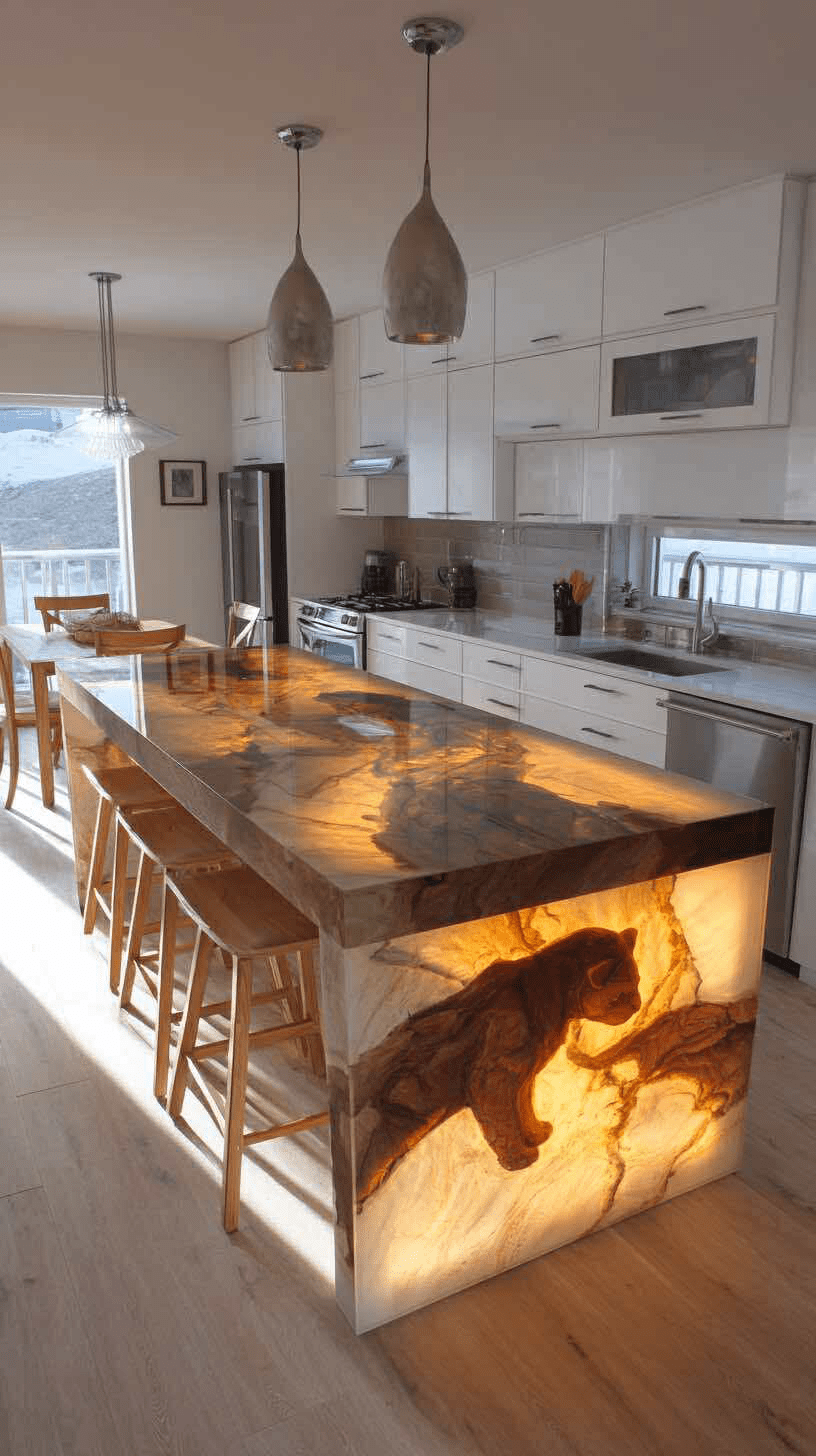 Glowing amber onyx kitchen island featuring an illuminated cat silhouette.