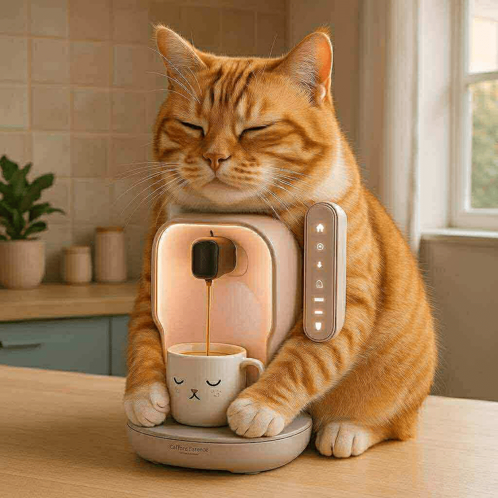 Cute orange tabby cat coffee machine hugging a mug with sleepy face design in a cosy kitchen