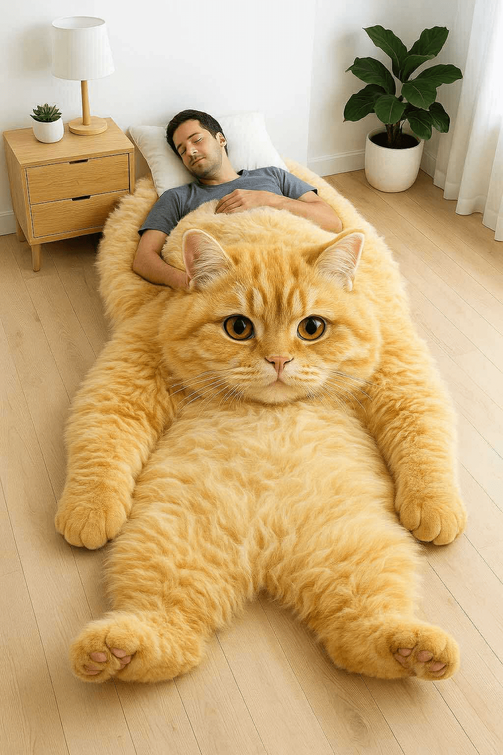 Fluffy ginger cat-shaped bed with person sleeping on grey quilted floor mat.