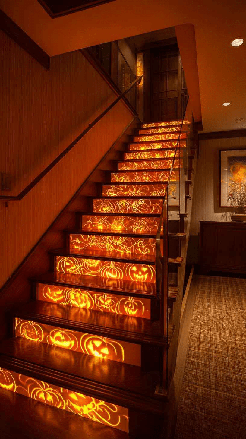 Staircase decorated with glowing carved pumpkin faces for Halloween.