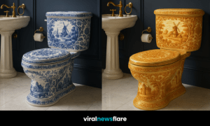 Line-up of artistic porcelain toilets in blue, gold, green, and red with heritage designs